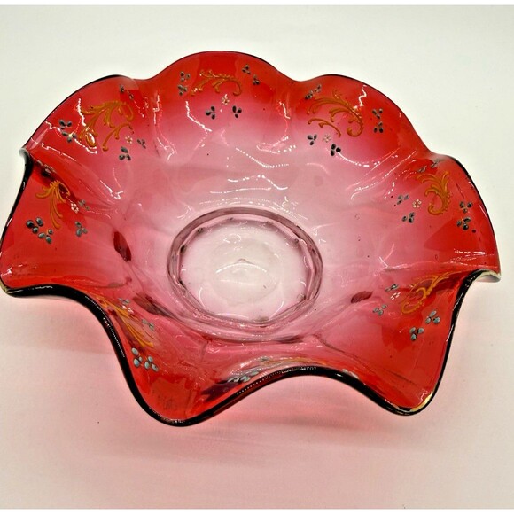 Unbranded Other - Vintage Murano Style Red Art Glass Bowl Hand Painted Gold Ruffled Rim Rare